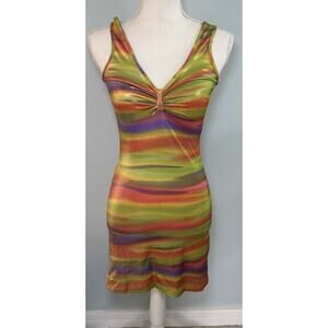Y2K Rainbow Swirl Bodycon Mini Dress Ruched Bust Stretch Festival Clubwear Sz S